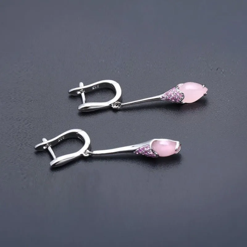 Natural Pink Calcedony Dangle Earrings in S925