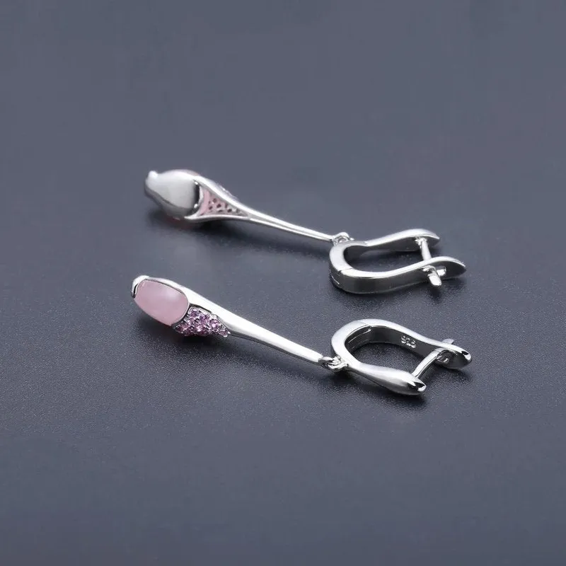 Natural Pink Calcedony Dangle Earrings in S925