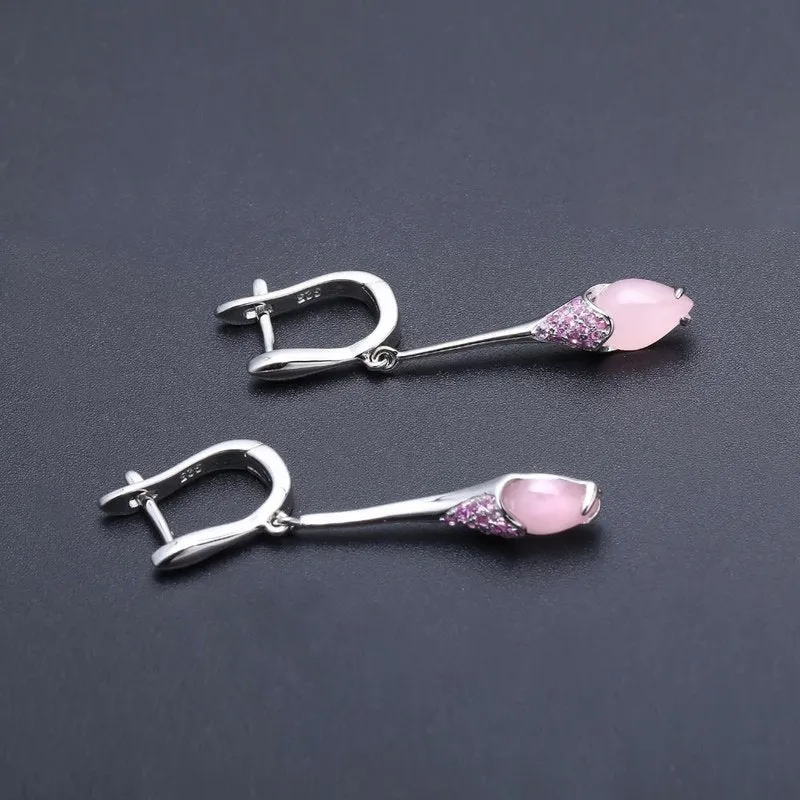 Natural Pink Calcedony Dangle Earrings in S925