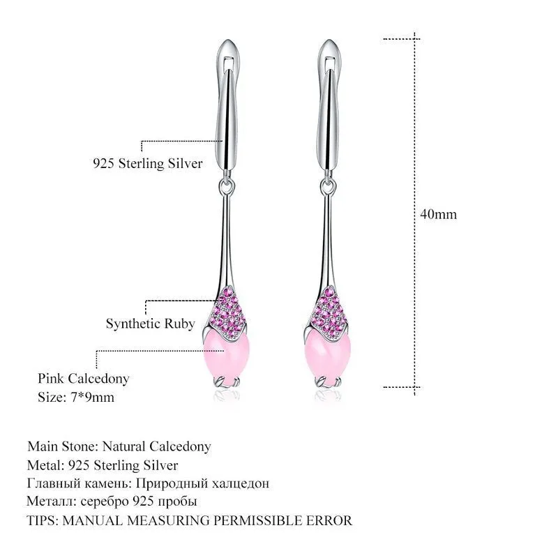 Natural Pink Calcedony Dangle Earrings in S925