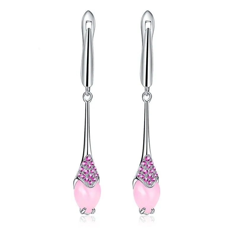 Natural Pink Calcedony Dangle Earrings in S925