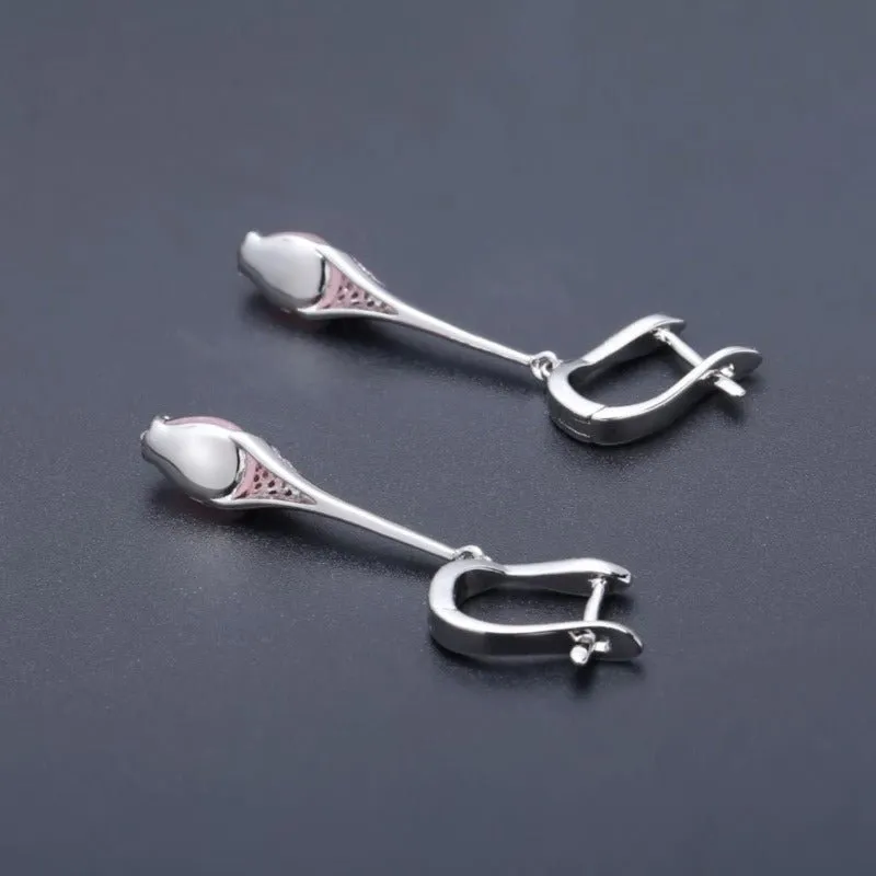 Natural Pink Calcedony Dangle Earrings in S925
