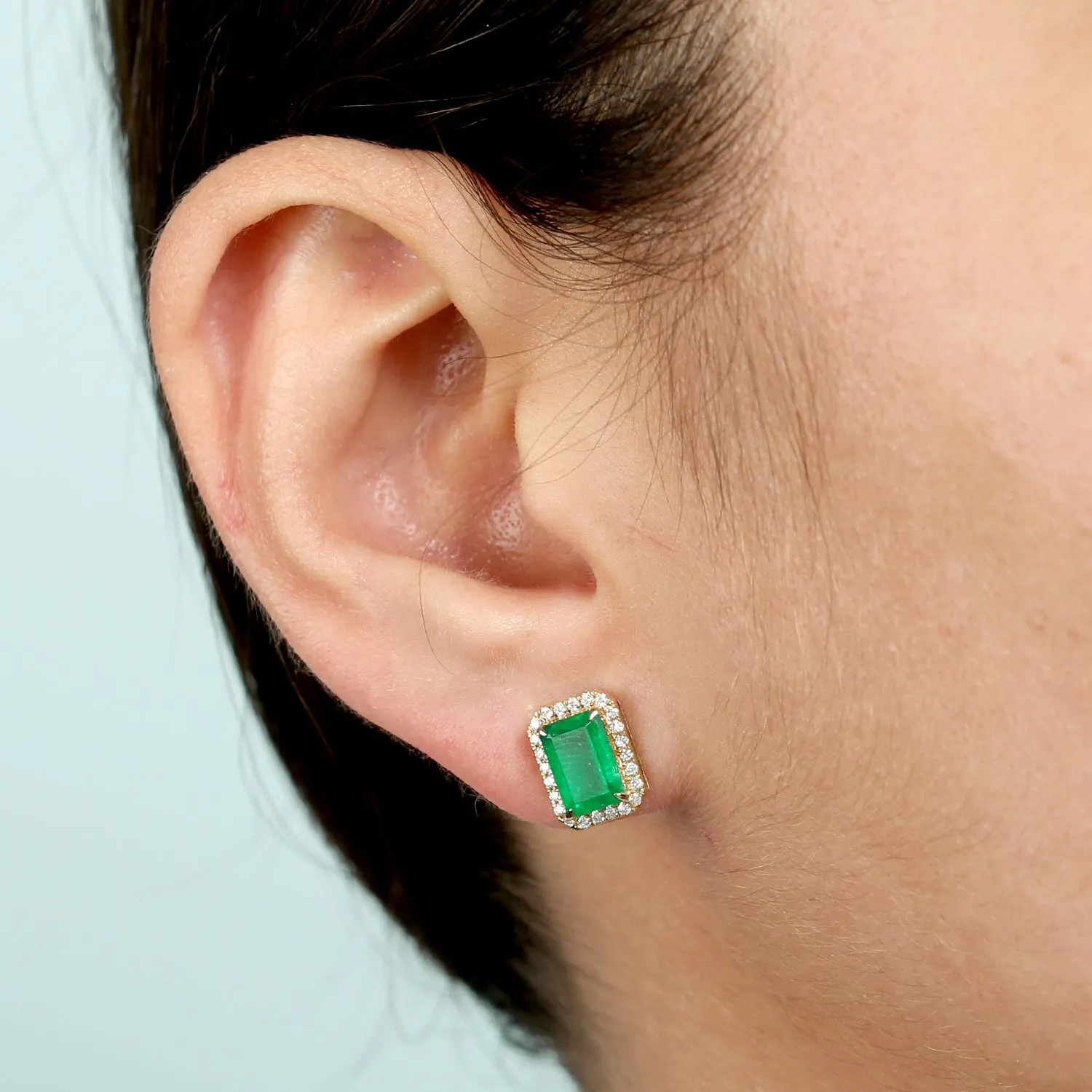 Octagon Cut Emerald May Birthstone Pave Diamond Halo Stud Earrings In 18k Yellow Gold