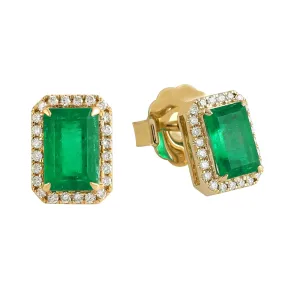 Octagon Cut Emerald May Birthstone Pave Diamond Halo Stud Earrings In 18k Yellow Gold