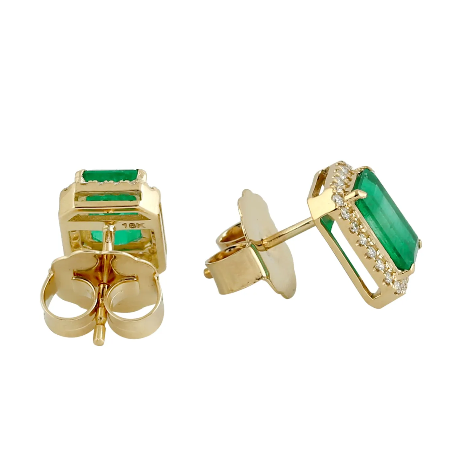 Octagon Cut Emerald May Birthstone Pave Diamond Halo Stud Earrings In 18k Yellow Gold