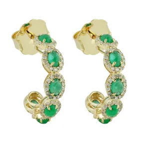 Oval Cut Emerald Pave Diamond Half Hoop  Earrings In 14k Yellow Gold