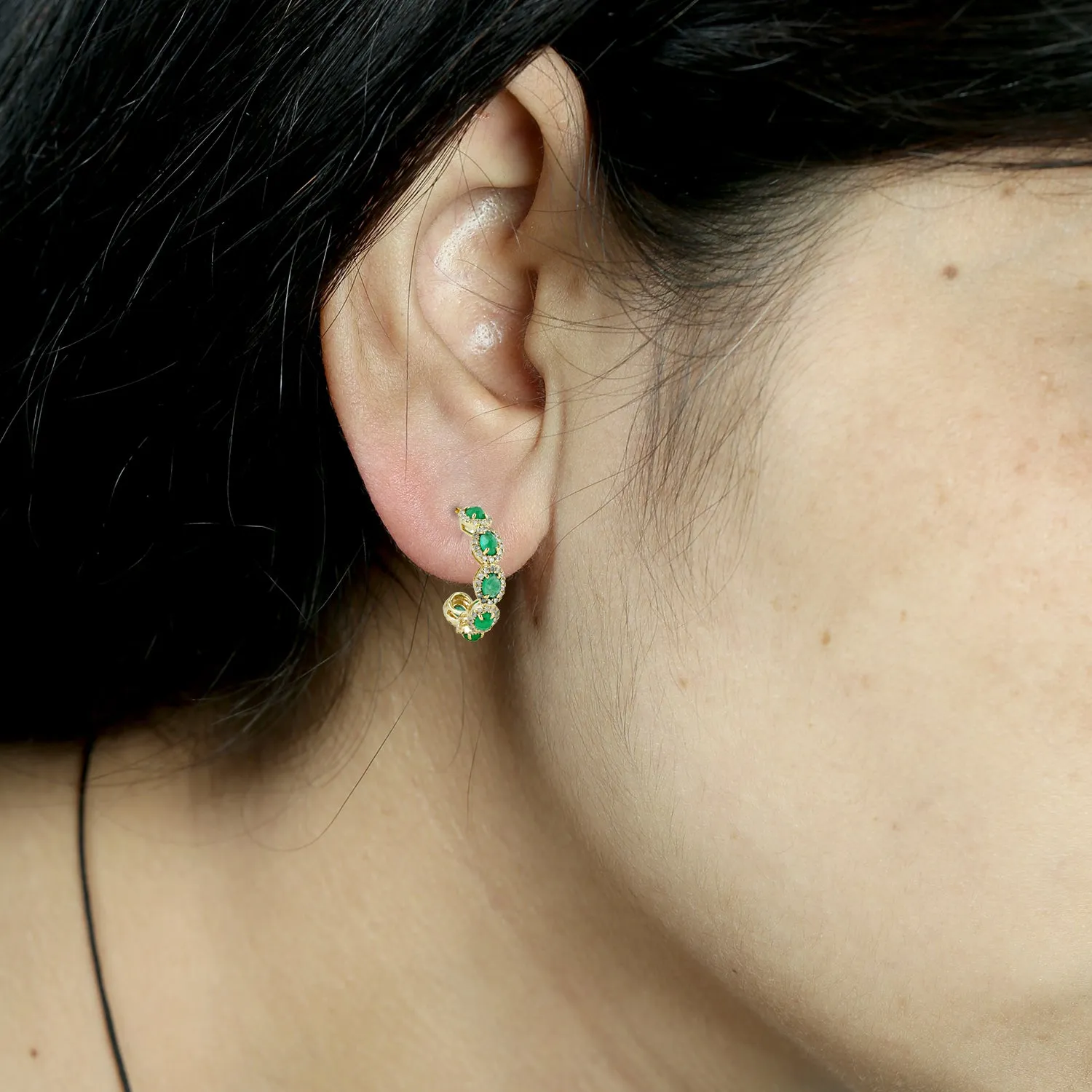 Oval Cut Emerald Pave Diamond Half Hoop  Earrings In 14k Yellow Gold