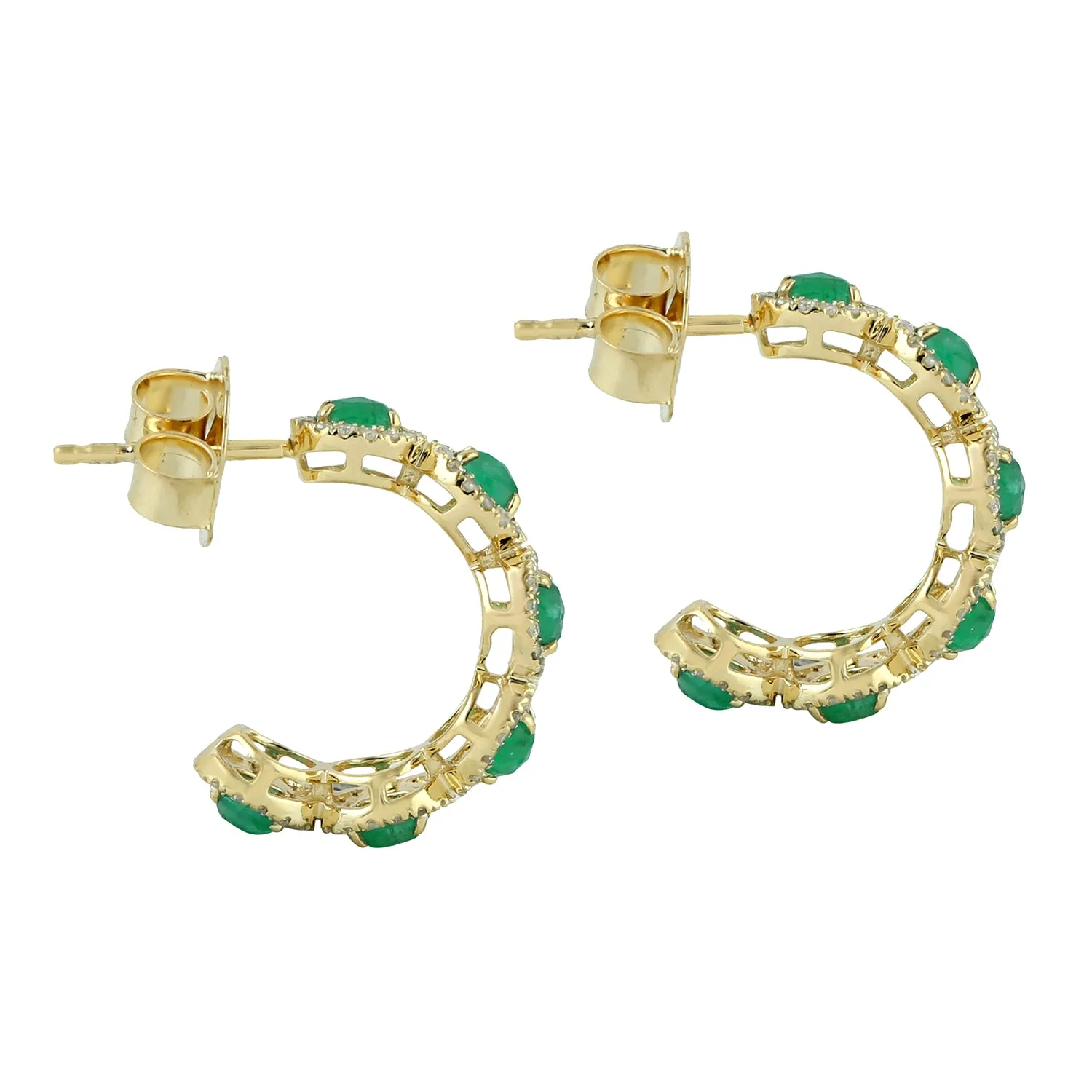 Oval Cut Emerald Pave Diamond Half Hoop  Earrings In 14k Yellow Gold
