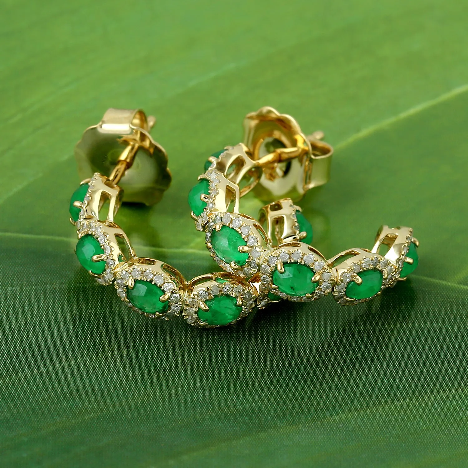 Oval Cut Emerald Pave Diamond Half Hoop  Earrings In 14k Yellow Gold