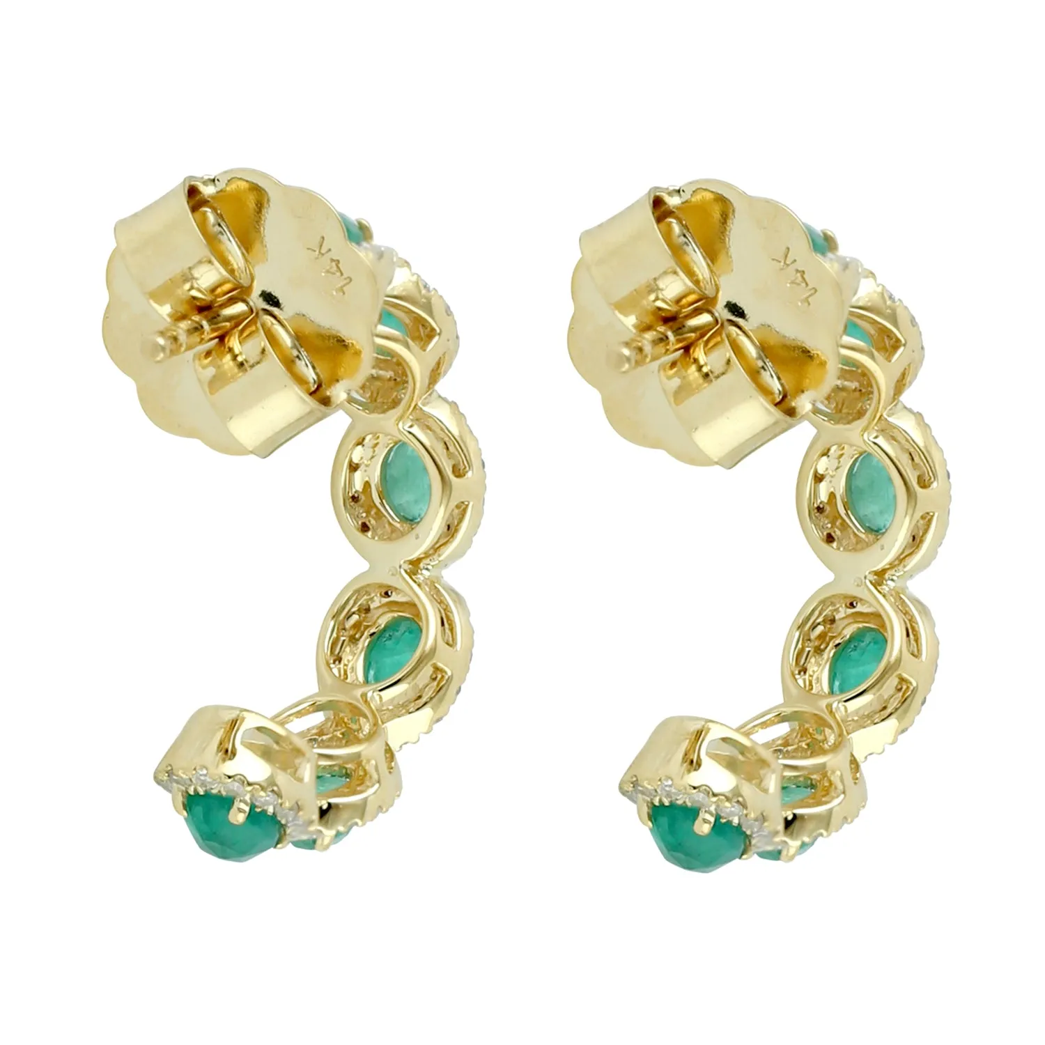 Oval Cut Emerald Pave Diamond Half Hoop  Earrings In 14k Yellow Gold