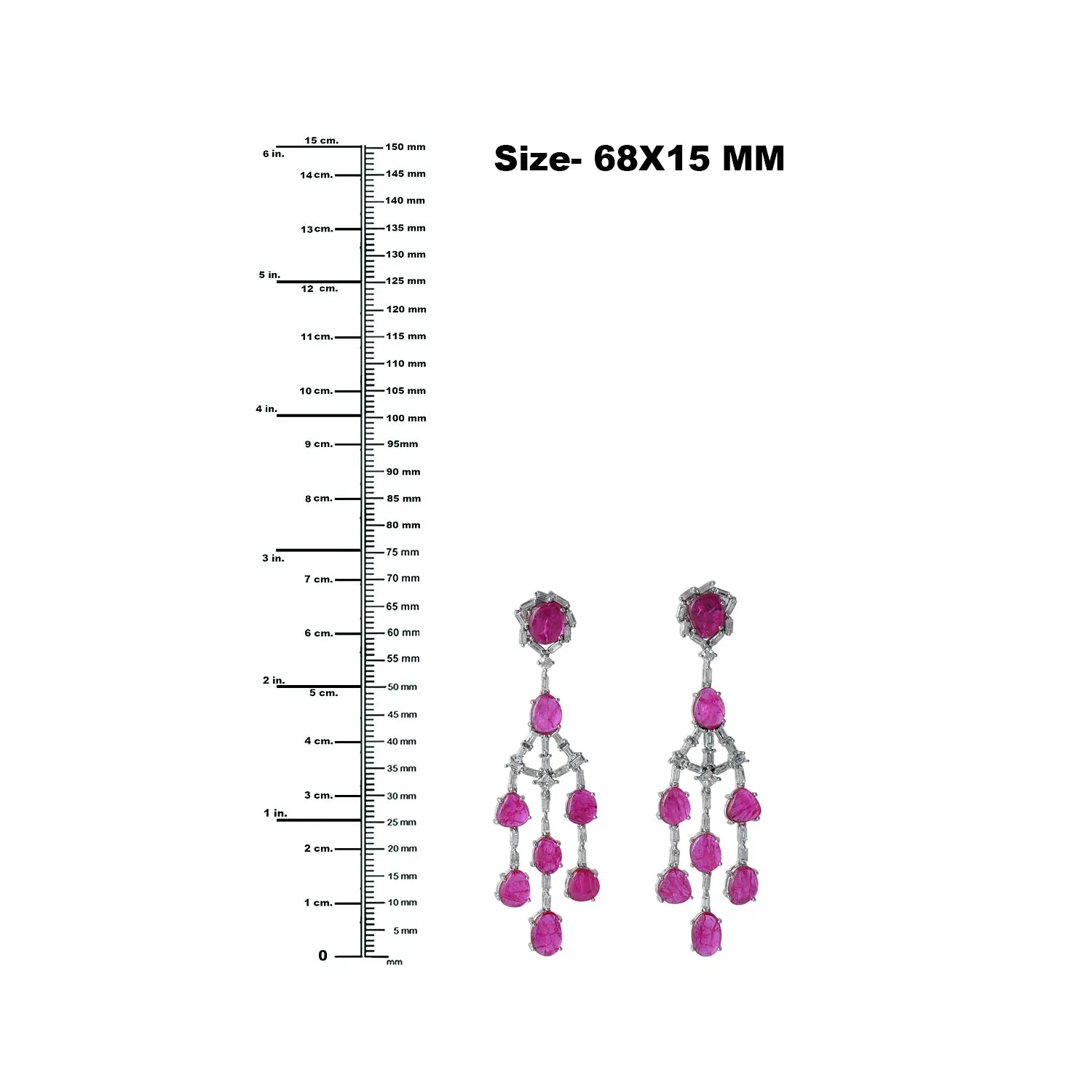 Oval Cut Slice Ruby Baguette Diamond Chandelier Earrings In 18k White Gold Gift