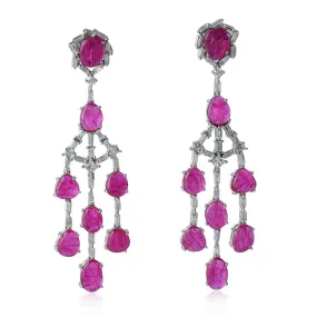 Oval Cut Slice Ruby Baguette Diamond Chandelier Earrings In 18k White Gold Gift