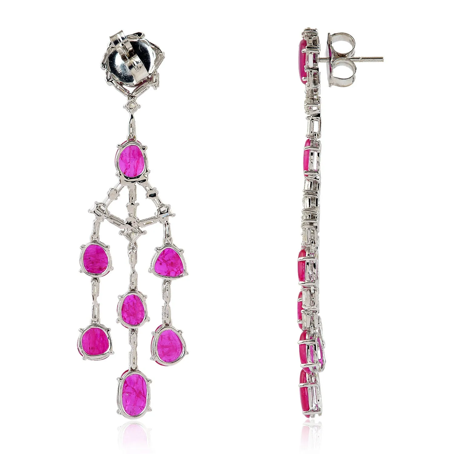 Oval Cut Slice Ruby Baguette Diamond Chandelier Earrings In 18k White Gold Gift