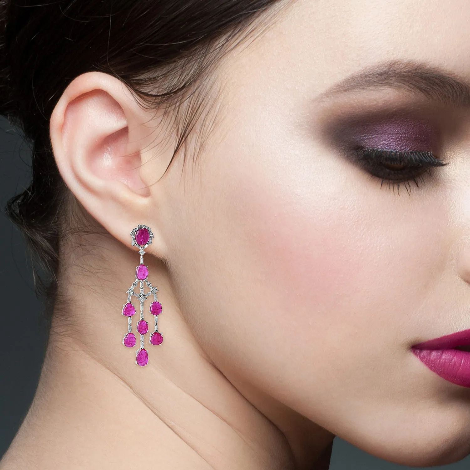 Oval Cut Slice Ruby Baguette Diamond Chandelier Earrings In 18k White Gold Gift