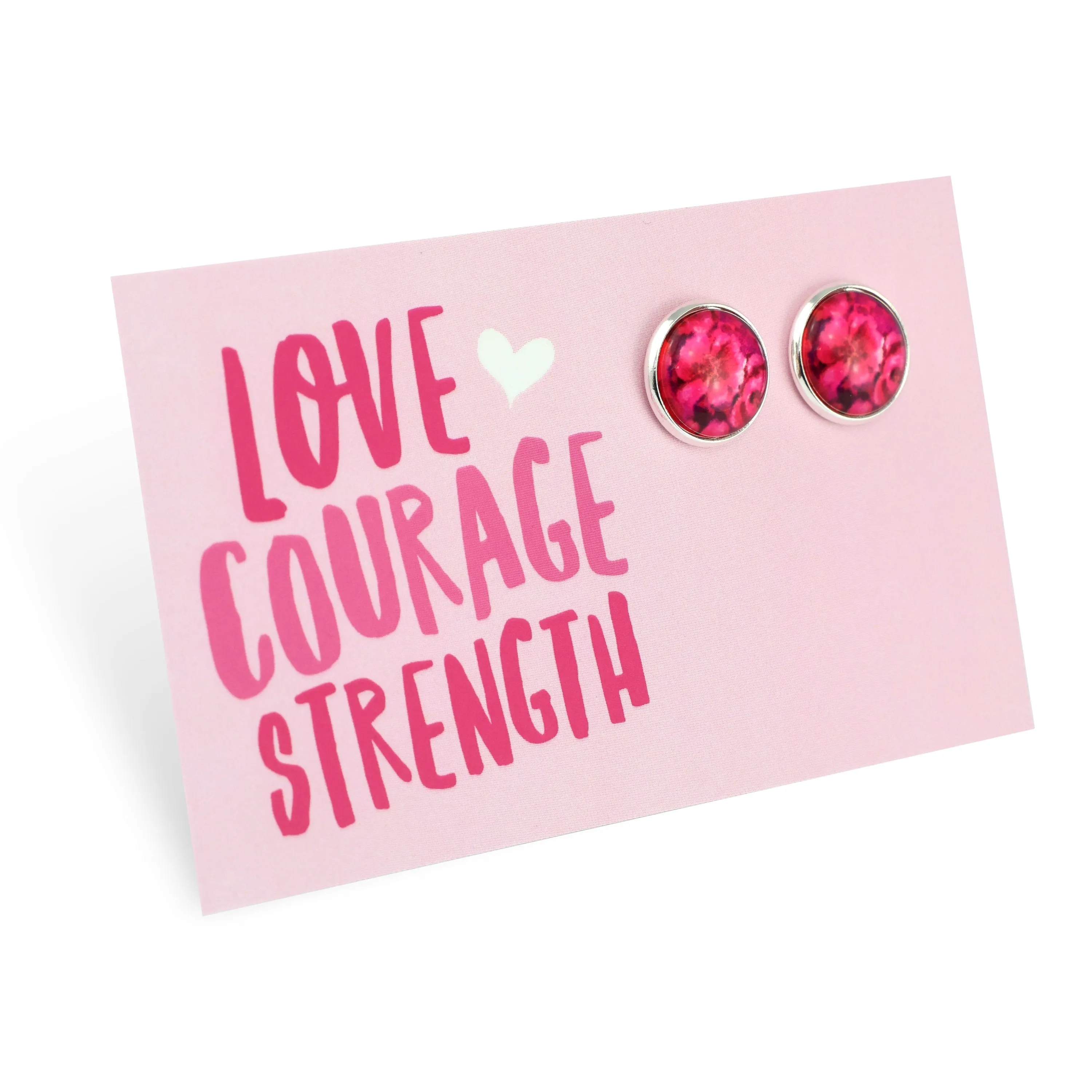 PINK COLLECTION - Love Courage Strength - Bright Silver 12mm Circle Studs - Ruby Bloom (11061)