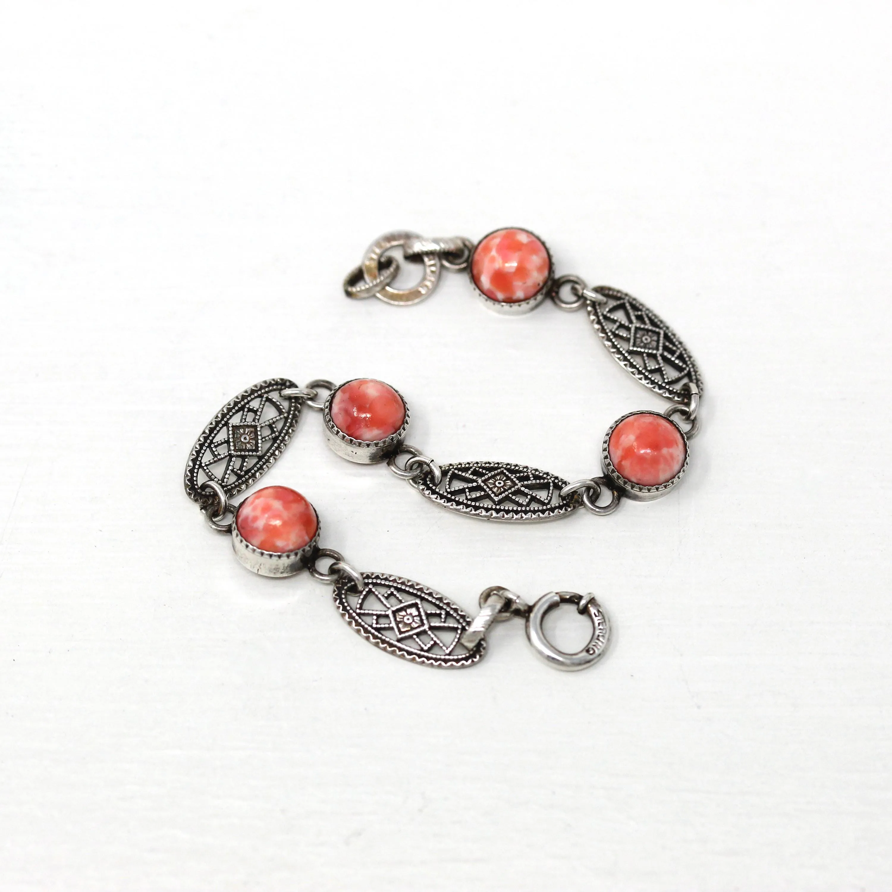 Pink Glass Bracelet - Art Deco Sterling Silver Marbled Filigree - Circa 1930s Era Geometric Children's Petite Fashion Accessory 30s Jewelry