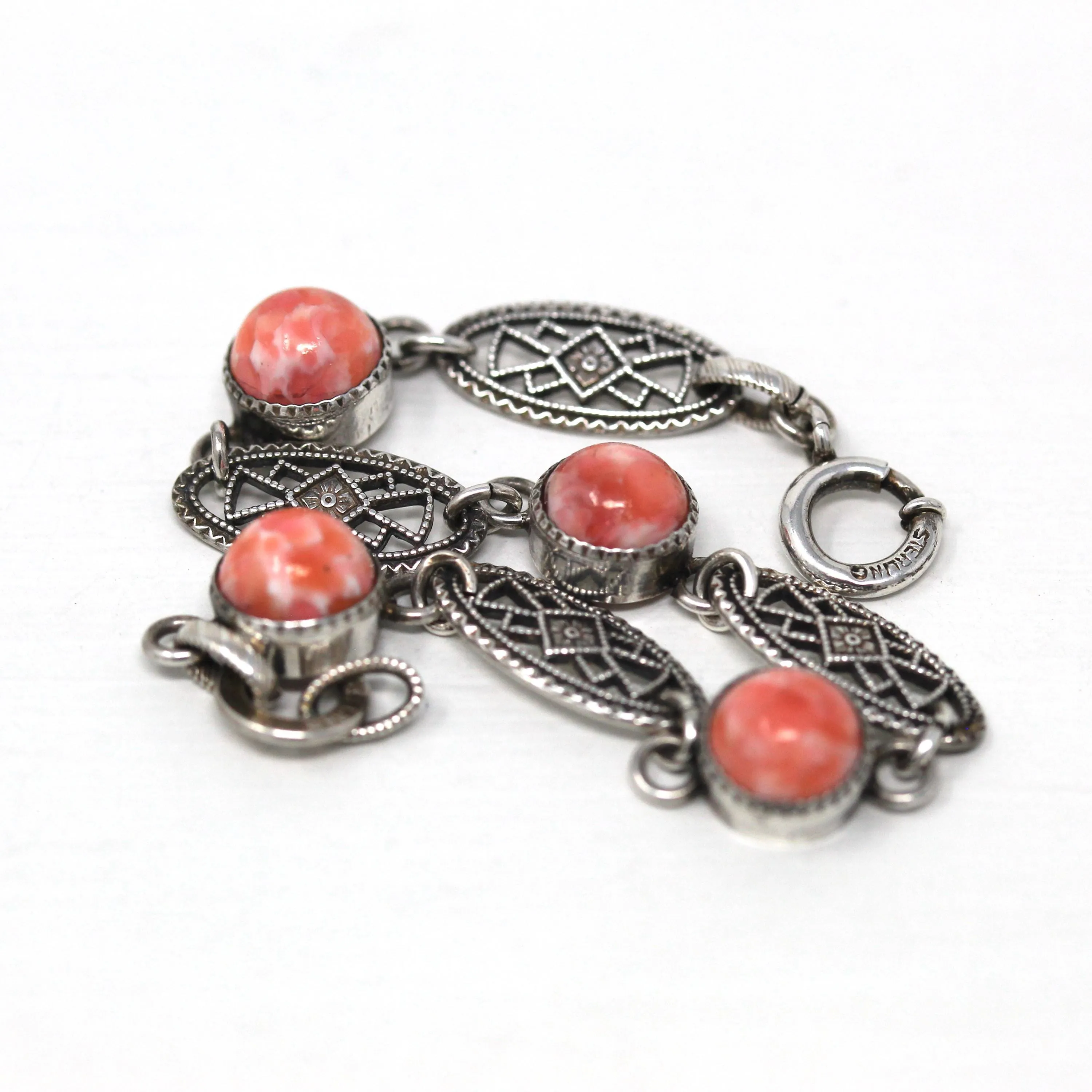 Pink Glass Bracelet - Art Deco Sterling Silver Marbled Filigree - Circa 1930s Era Geometric Children's Petite Fashion Accessory 30s Jewelry