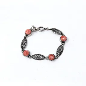 Pink Glass Bracelet - Art Deco Sterling Silver Marbled Filigree - Circa 1930s Era Geometric Children's Petite Fashion Accessory 30s Jewelry