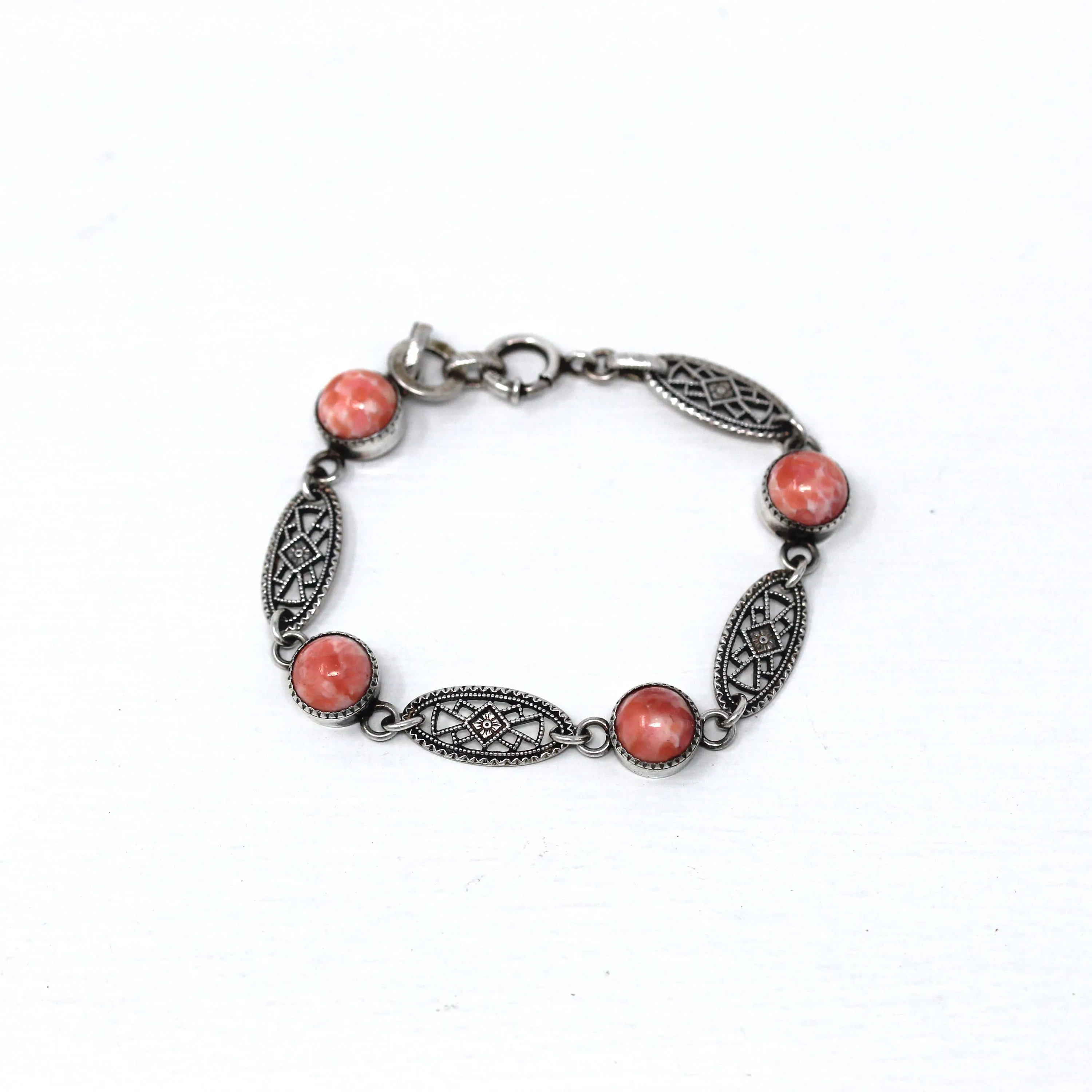 Pink Glass Bracelet - Art Deco Sterling Silver Marbled Filigree - Circa 1930s Era Geometric Children's Petite Fashion Accessory 30s Jewelry