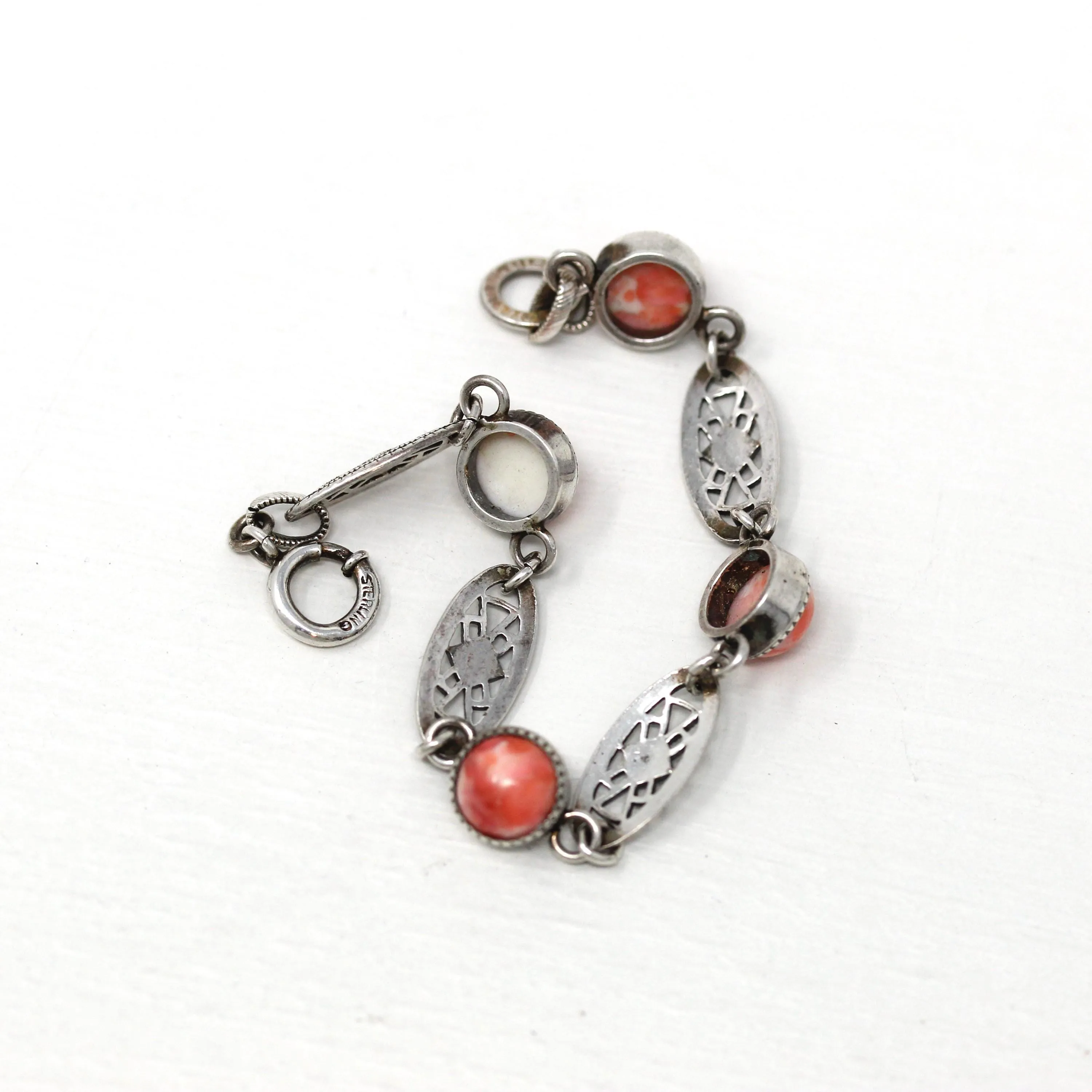 Pink Glass Bracelet - Art Deco Sterling Silver Marbled Filigree - Circa 1930s Era Geometric Children's Petite Fashion Accessory 30s Jewelry