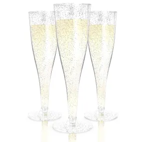 Plastic Champagne Flutes Disposable - 100 Pack - Silver Glitter Plastic