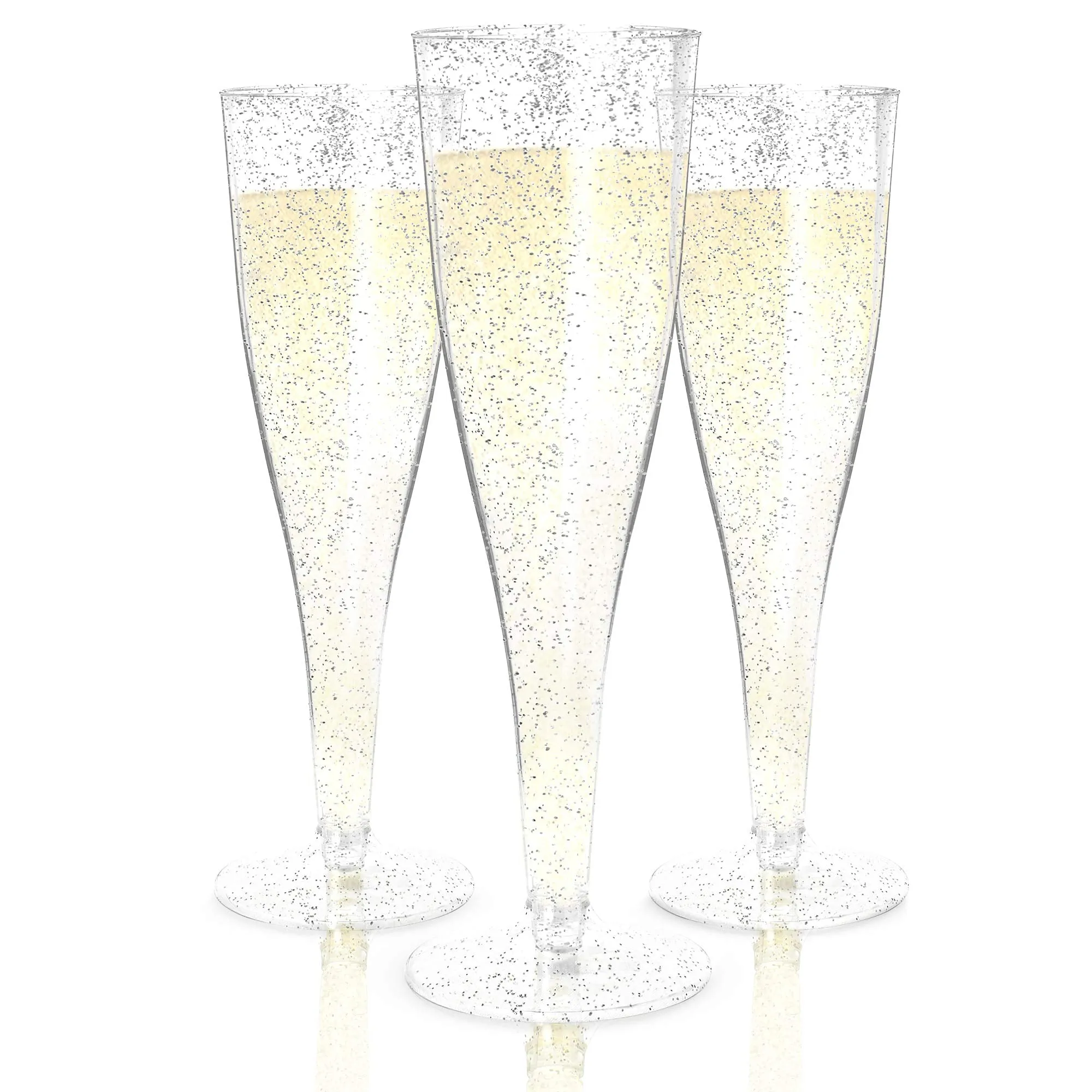 Plastic Champagne Flutes Disposable - 100 Pack - Silver Glitter Plastic