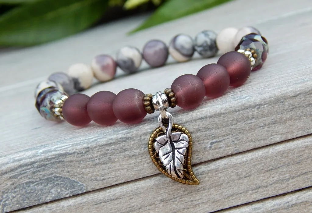 Plum and Gray Beaded Bracelet with Leaf Charms