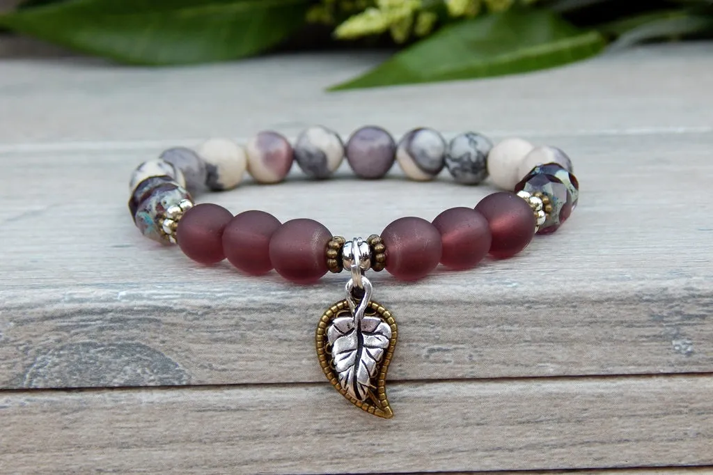 Plum and Gray Beaded Bracelet with Leaf Charms