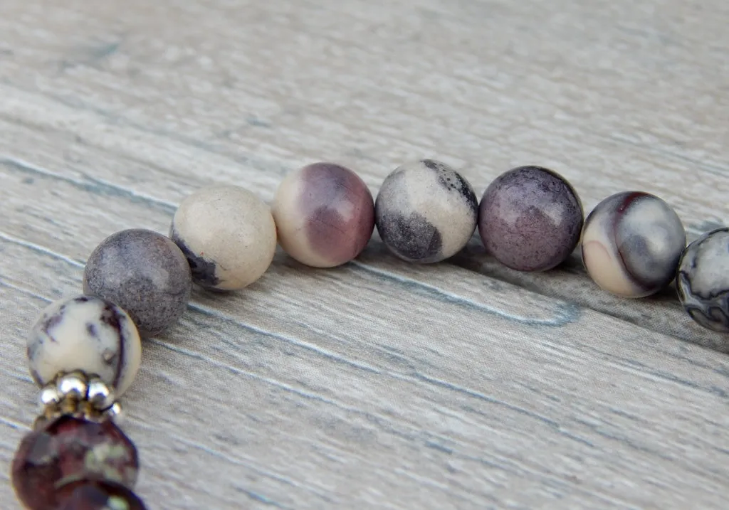 Plum and Gray Beaded Bracelet with Leaf Charms