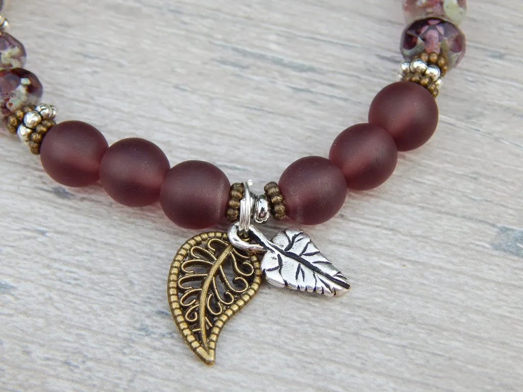 Plum and Gray Beaded Bracelet with Leaf Charms