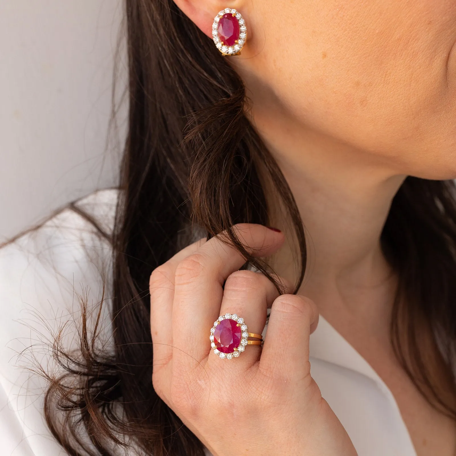 Rani Ruby (12.15ct) and Diamond (2.15ct)Studs, 18k Gold