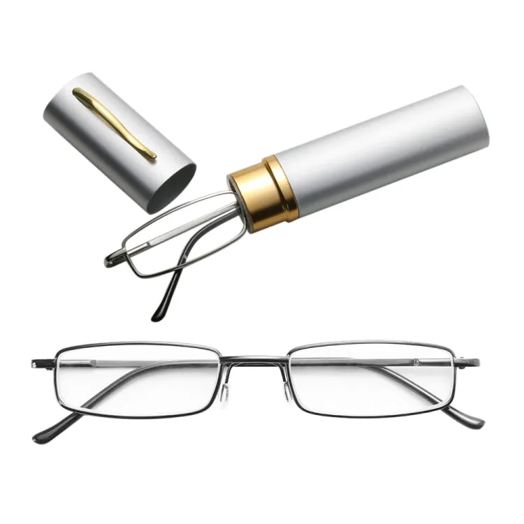 Reading Glasses Metal Spring Foot Portable Presbyopic Glasses with Tube Case  3.00D(Silver Gray)