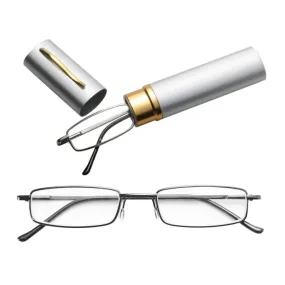 Reading Glasses Metal Spring Foot Portable Presbyopic Glasses with Tube Case  3.00D(Silver Gray)