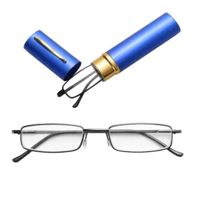 Reading Glasses Metal Spring Foot Portable Presbyopic Glasses with Tube Case  3.50D(Blue)
