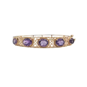 Retro Amethyst 14k Gold Hinged Bangle Bracelet