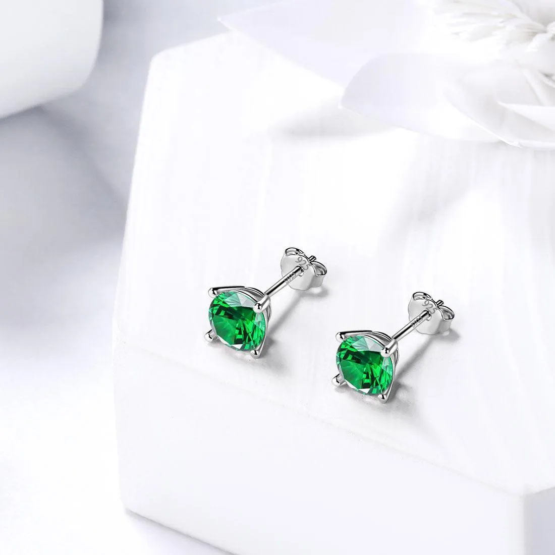 Round Birthstone May Emerald Earrings Stud Women Girls Jewelry Birthday Gift Sterling Silver