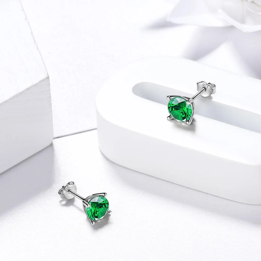 Round Birthstone May Emerald Earrings Stud Women Girls Jewelry Birthday Gift Sterling Silver