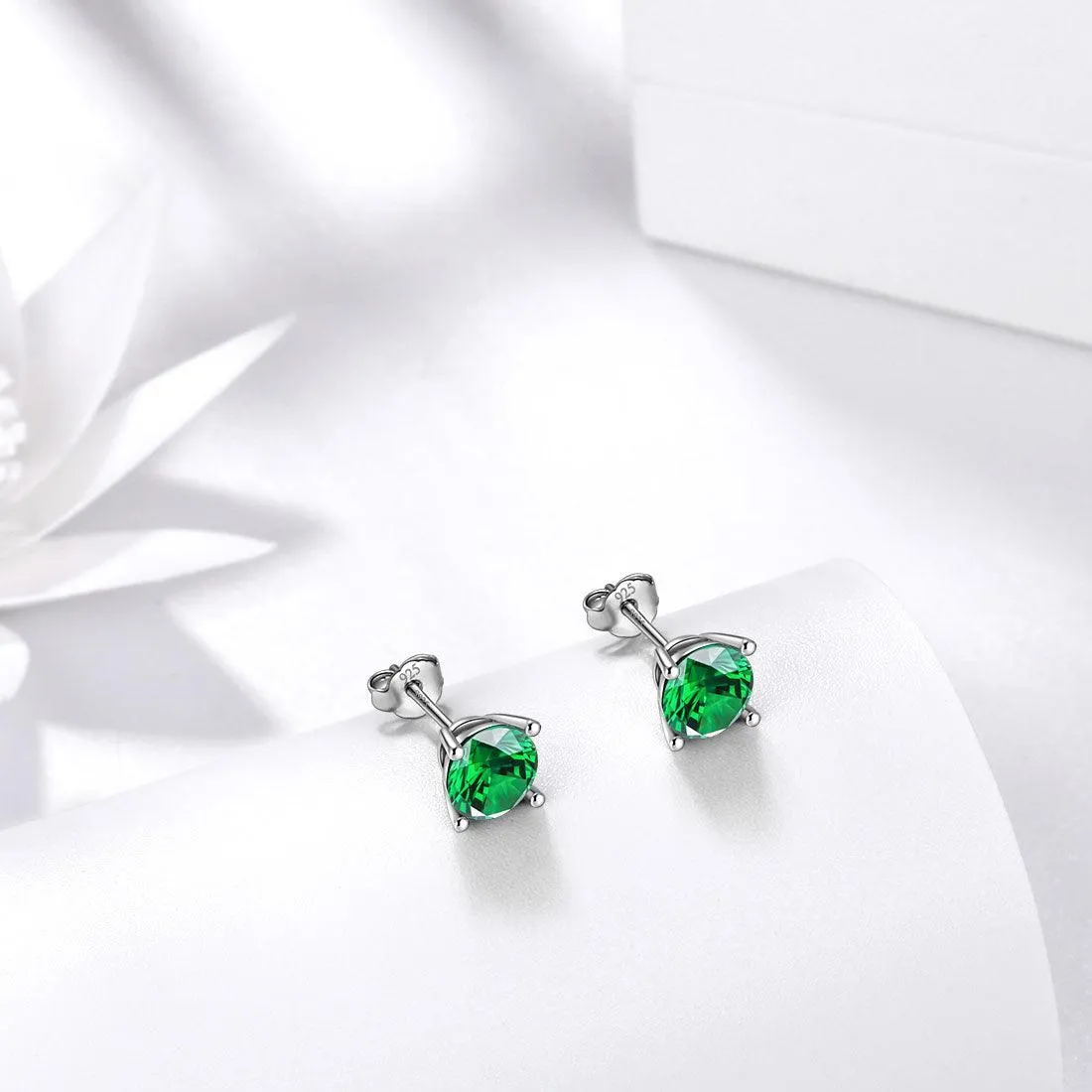 Round Birthstone May Emerald Earrings Stud Women Girls Jewelry Birthday Gift Sterling Silver