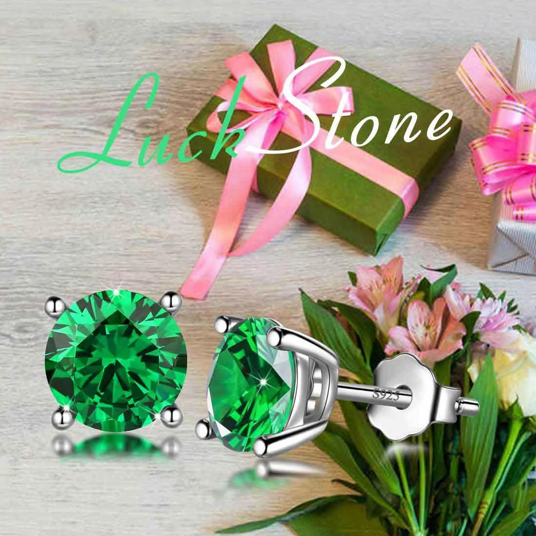 Round Birthstone May Emerald Earrings Stud Women Girls Jewelry Birthday Gift Sterling Silver