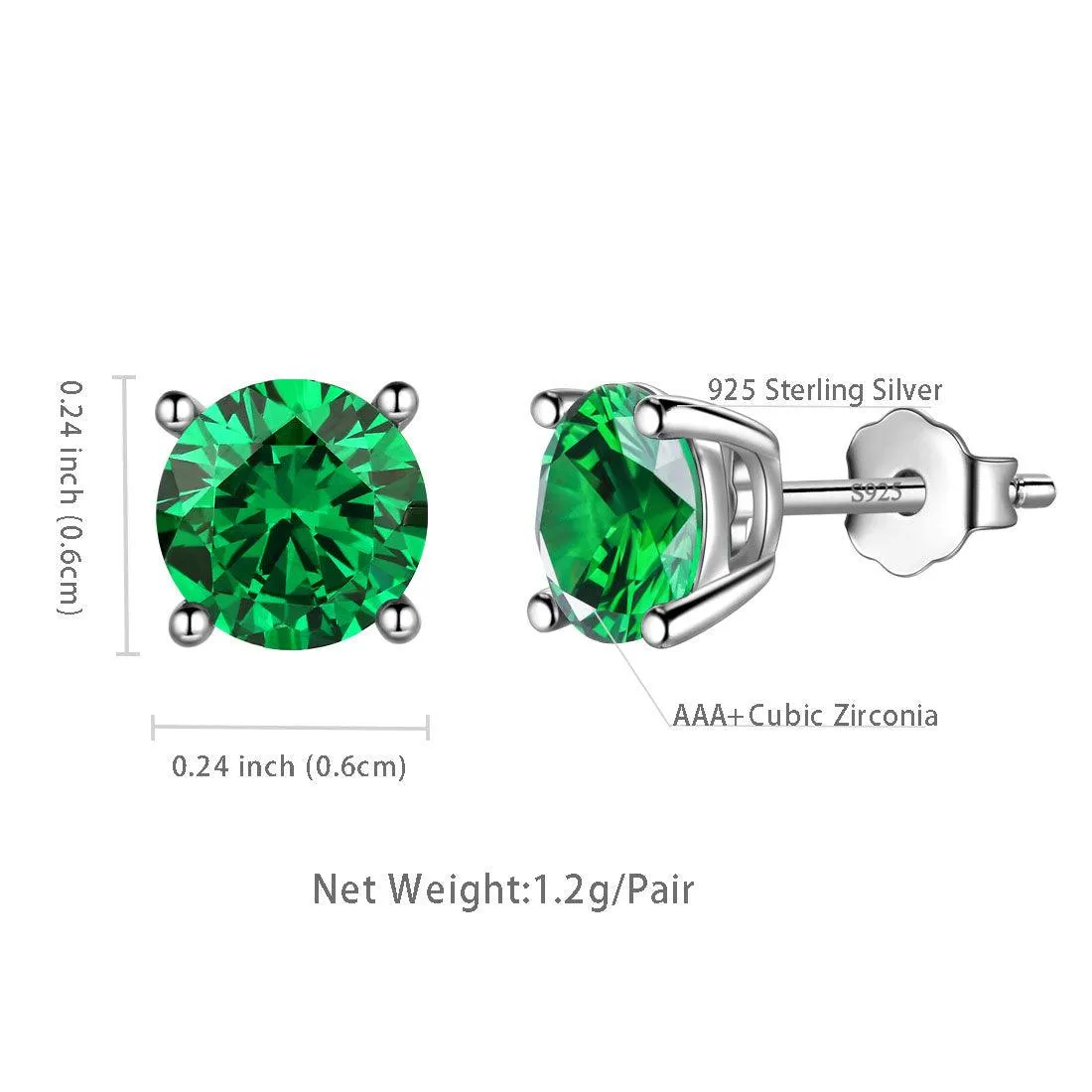 Round Birthstone May Emerald Earrings Stud Women Girls Jewelry Birthday Gift Sterling Silver