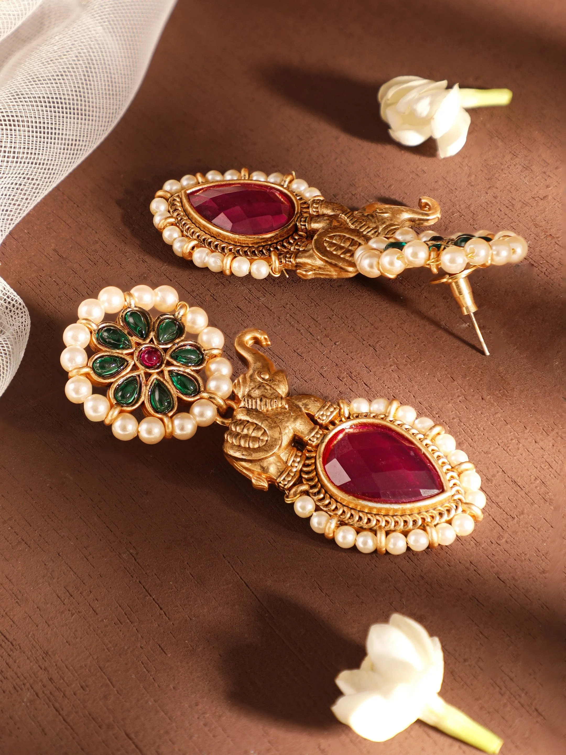 Rubans 18K Gold-Plated Red & Green Stone Studded Elephant Motif Earring with Pearl Accents