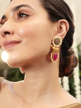 Rubans 18K Gold-Plated Red & Green Stone Studded Elephant Motif Earring with Pearl Accents