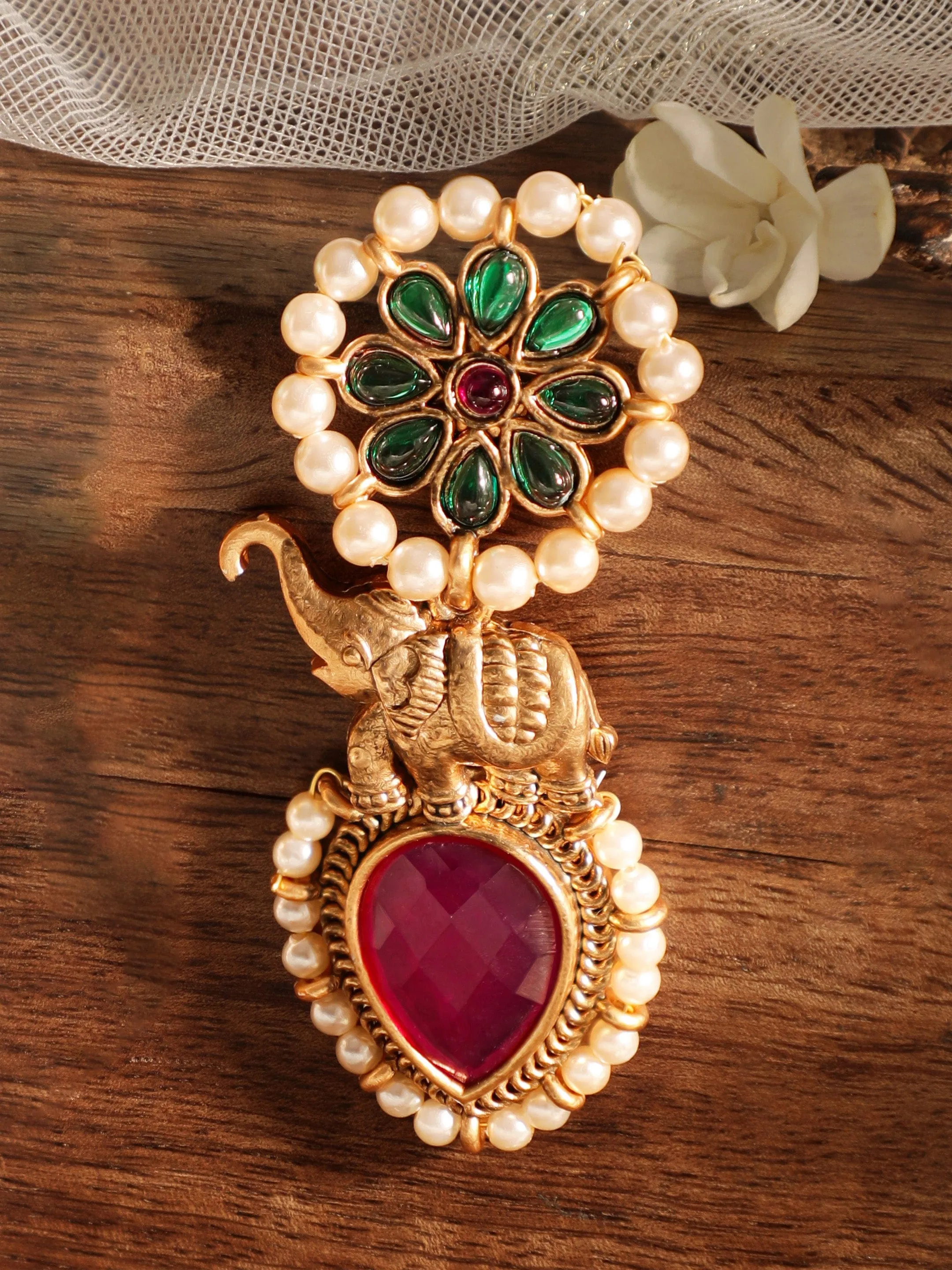 Rubans 18K Gold-Plated Red & Green Stone Studded Elephant Motif Earring with Pearl Accents