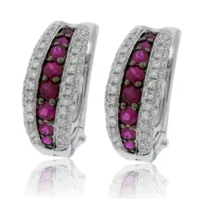 Ruby Center & Diamond Lined Hoop Earrings