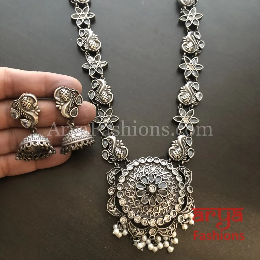 Sakshi Round Pendant Silver Oxidized Tribal Necklace with Pearl beads