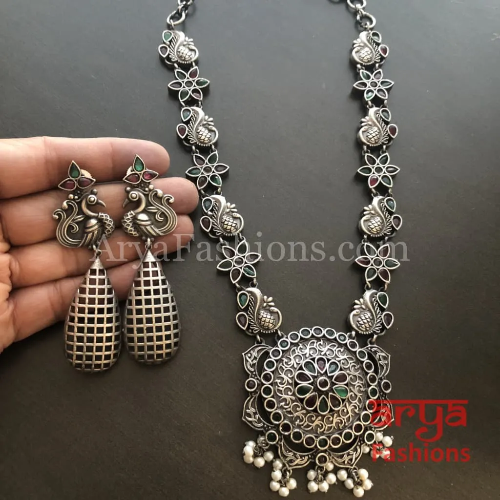 Sakshi Round Pendant Silver Oxidized Tribal Necklace with Pearl beads