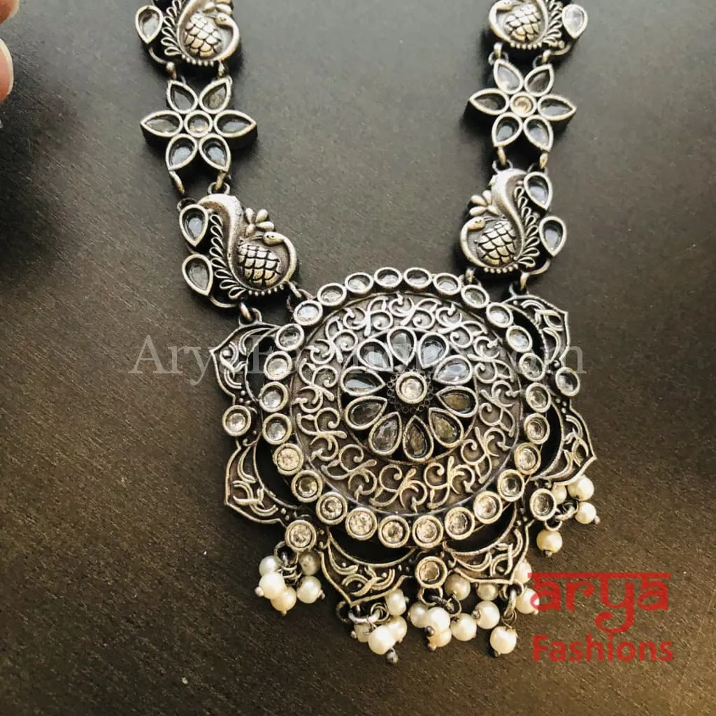 Sakshi Round Pendant Silver Oxidized Tribal Necklace with Pearl beads