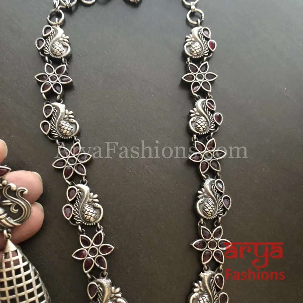 Sakshi Round Pendant Silver Oxidized Tribal Necklace with Pearl beads