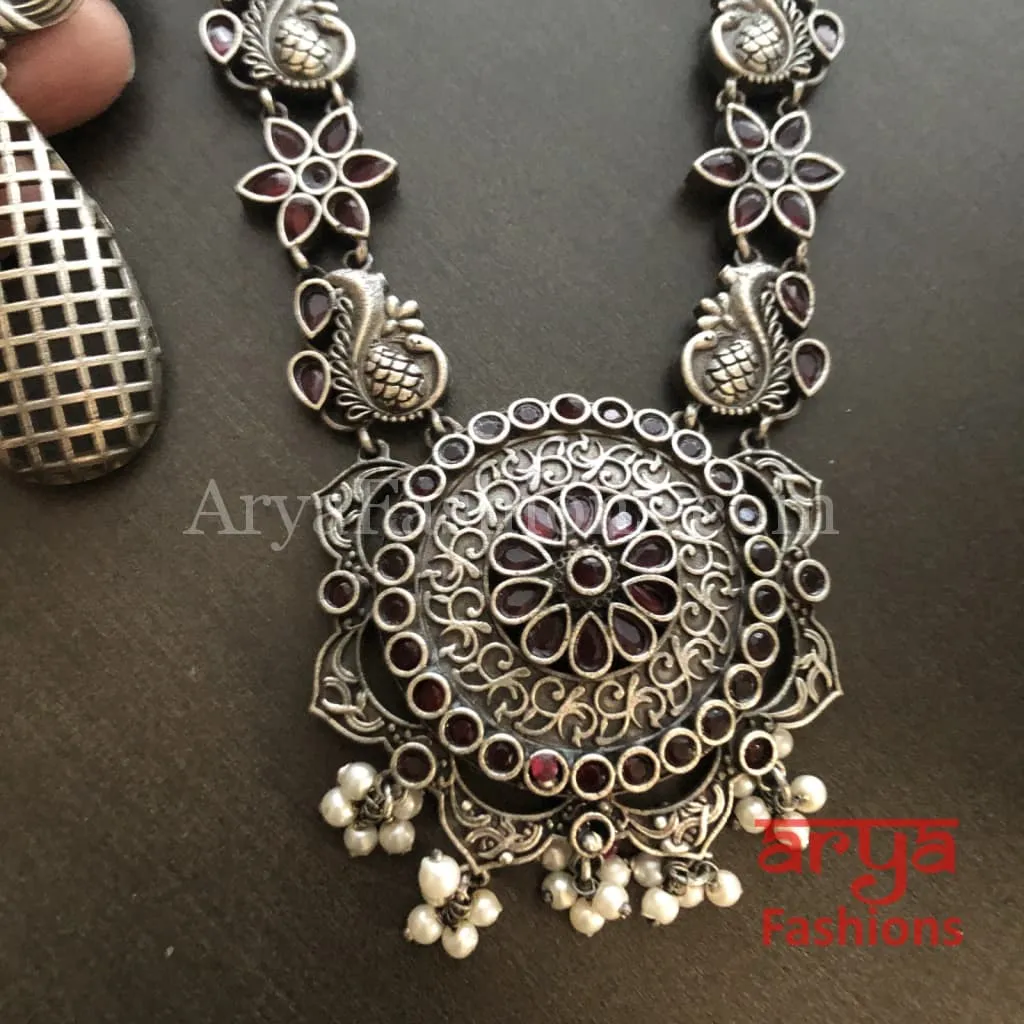 Sakshi Round Pendant Silver Oxidized Tribal Necklace with Pearl beads