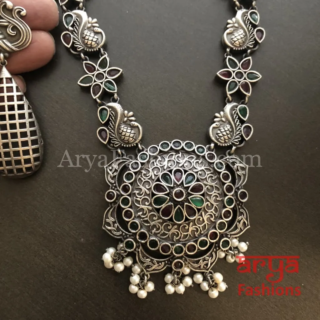 Sakshi Round Pendant Silver Oxidized Tribal Necklace with Pearl beads